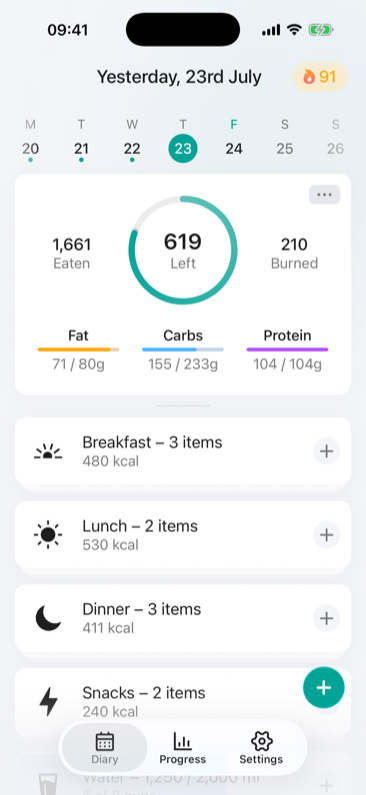 Diary screen with calorie ring, macro progress and meal list