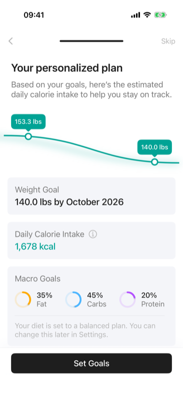 Personalized plan with a weight goal, daily calorie intake and macro goals