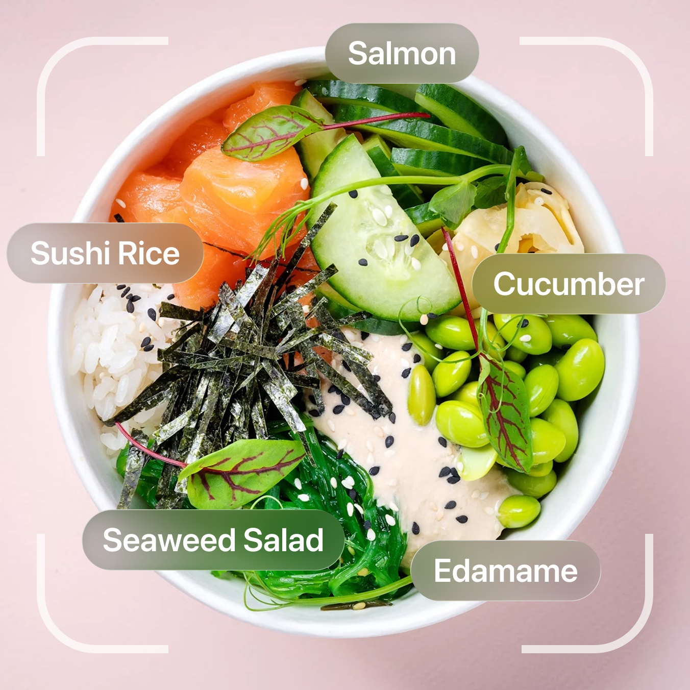 AI scanner identifying the foods in a poke bowl: salmon, sushi rice, cucumber, seaweed salad and edamame