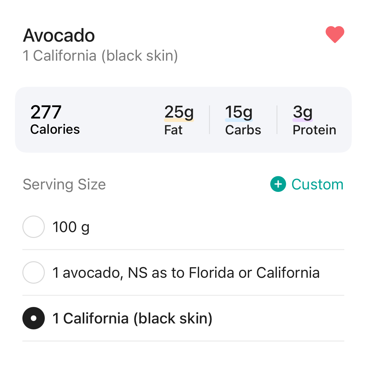 EatWell food detail for an avocado: calories, macros and serving sizes