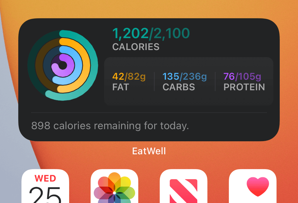 EatWell home screen widget showing calories and macros remaining for the day